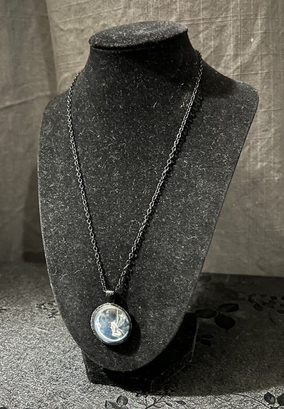 Fairy Moon Fantasy Pendant Necklace Silver Tone Blue Glass Cabochon Gothic Boho